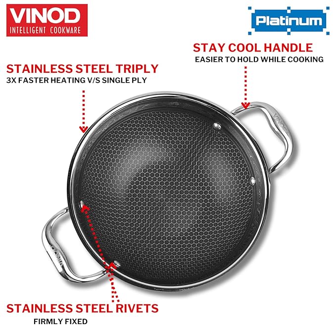 Pro Platinum Triply Stainless Steel Non Stick Kadhai with Lid - 1.8 L, 22 cm, Ceramic Coating