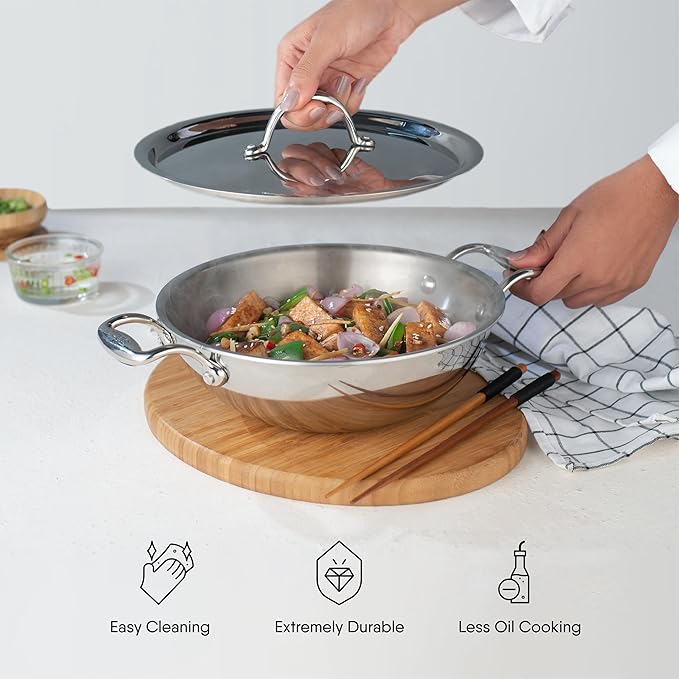 Triply Stainless Steel Kadhai With Lid, Kadai for Cooking, Induction & Gas Stove Compatible, 4.4 L, 28 cm