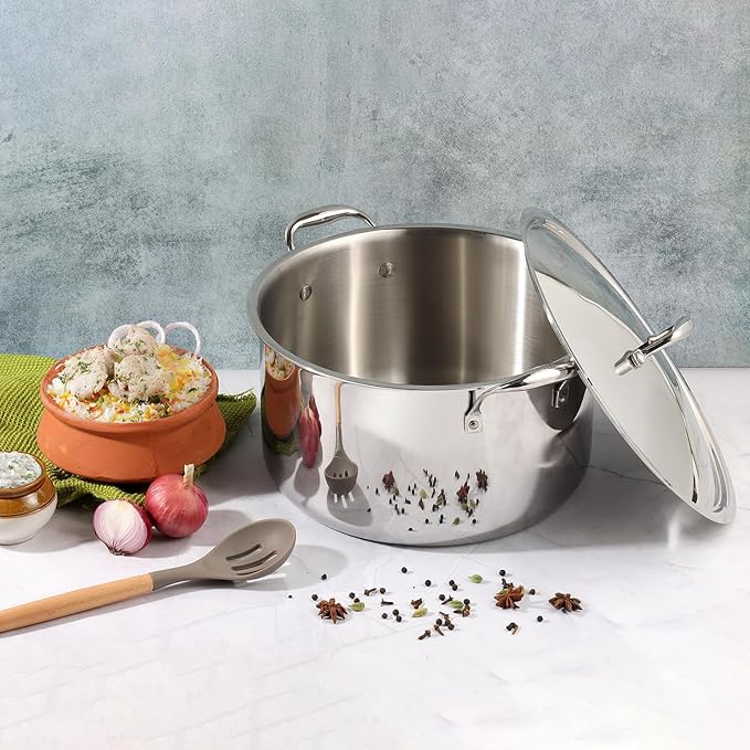 Triply Stainless Steel Biryani Pot with Lid - 11 L, 30 cm, Heavy Bottom, Riveted Handle, Cooking Pot
