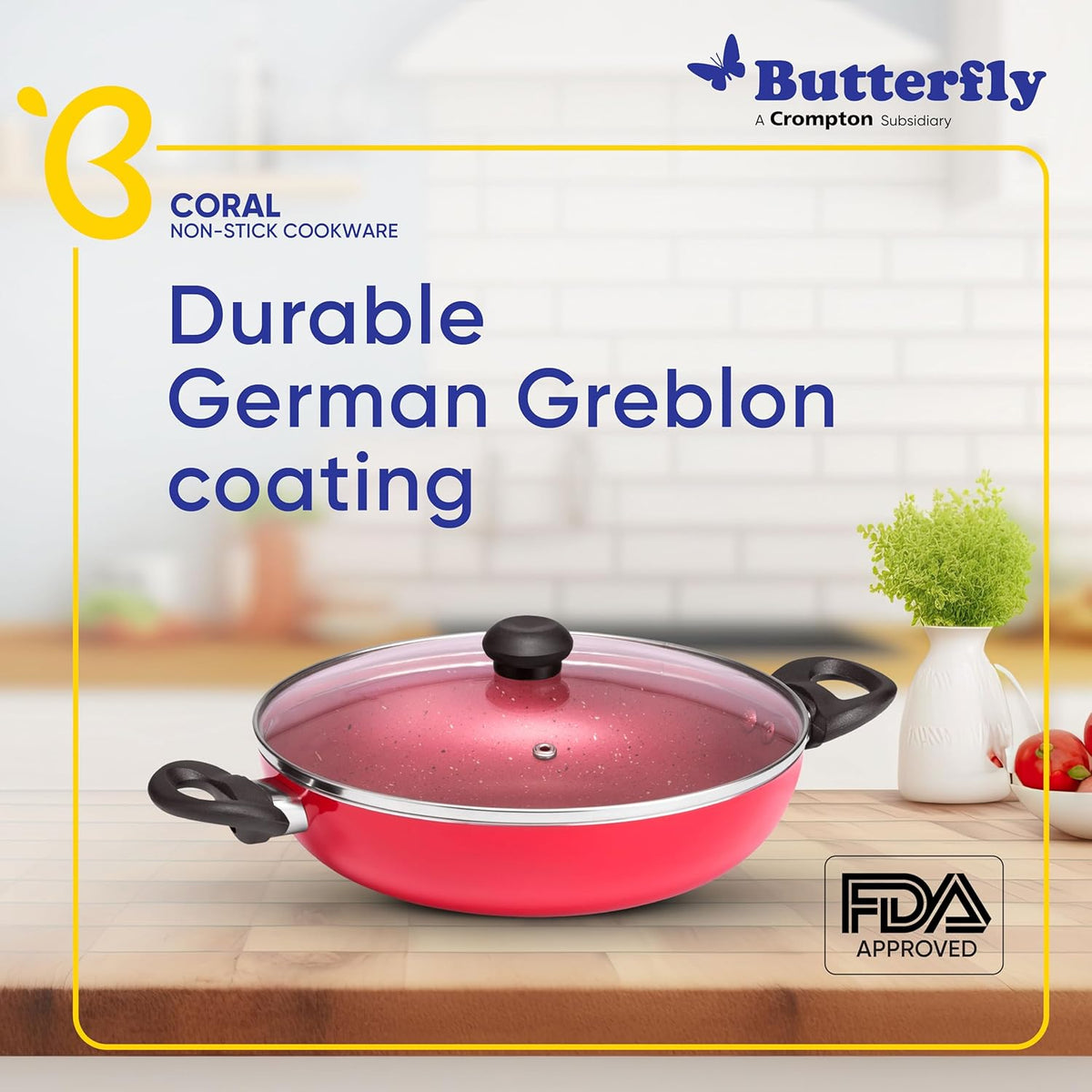 Coral DLX Granite Non Stick Kadai with Glass Lid, Premium Virgin Aluminium, Induction Base