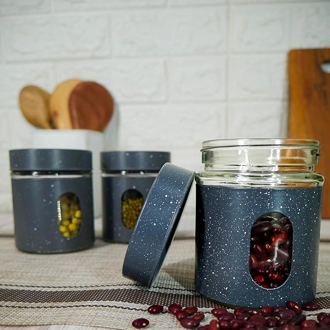 Carbon Steel Jar for Kitchen Storage With Clear Glass Window and Carbon Steel Lid, 300 ml, 3pc Set