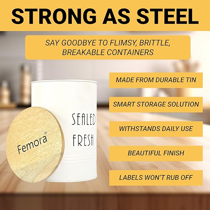 Kitchen Storage Jars Tin Jar With Wooden Lid Air Tight Jar, 900 ml, Set of 2