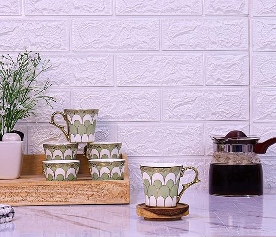 Water Drop Scale Pattern Golden Tea Mugs, Ceramic Tea Cups, Coffee Mugs, 160 ml, Green, 6 Pieces Set