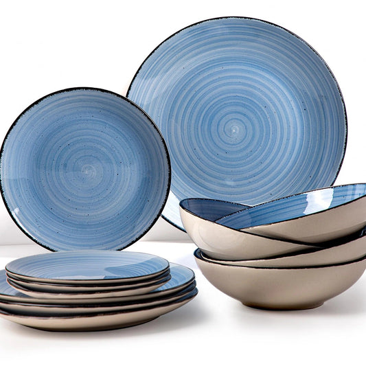 Tapa 12 Pieces Stoneware Dinner Set Blue Matt Glaze Finish Lead Cadmium Free Microwave Dishwasher Safe