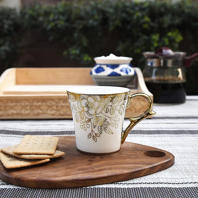 Premium Gold Floral Buds Leaves Ceramic Coffee & Tea Cup Set of 6