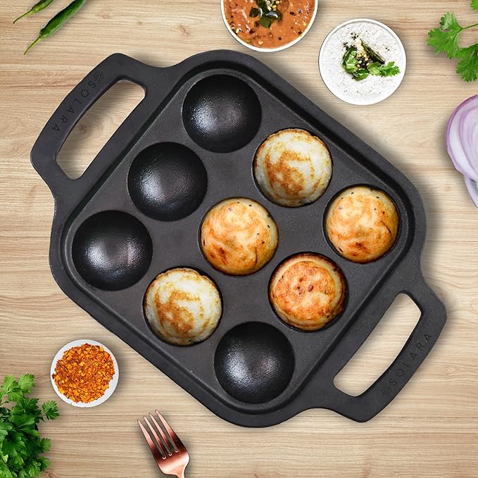 Pre Seasoned Cast Iron Paniyaram Pan 9 Cavities 20 cm Appam Patra, Paniyarakkal Pan, Cast Iron Cookware
