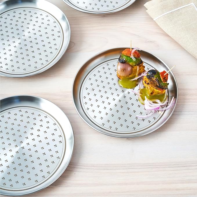 Stainless Steel Quarter Plate Set of 6, Salad and Snacks, Flower Dot Patterns