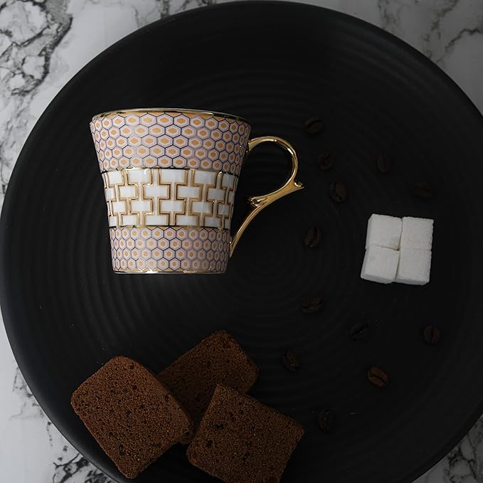 Honey Comb on Golden Mugs, Ceramic Tea Cups, Coffee Mugs, 160 ml, Golden, 6 Pieces Set