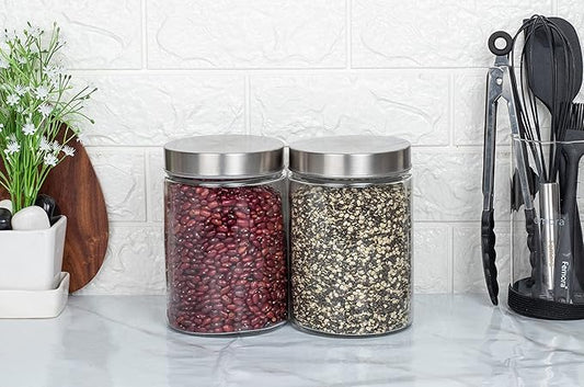 Kitchen Storage Jars Borosilicate Glass With Steel Lid Air Tight Kitchen Jar and Container, 1100 ml - Pack of 2