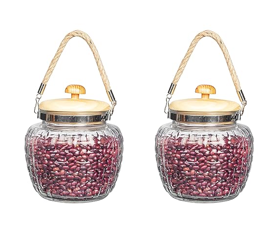 Kitchen Storage Jars Embossed Glass Jar With Wooden Lid & Jute Chain Air Tight Jar, 1500 ml, Pack of 2