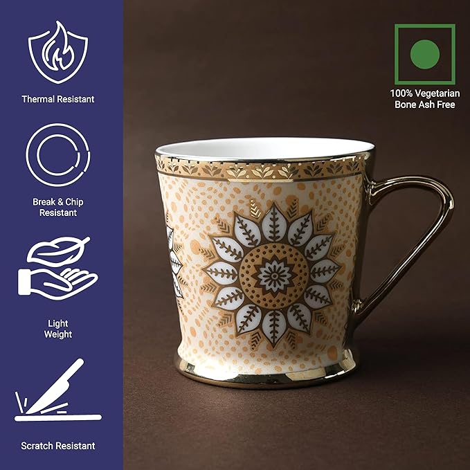 Lotus Pattern With Golden Handle Golden Coffee Mugs, 180 ml, Golden, 6 Pieces Set, Not Microwave Safe