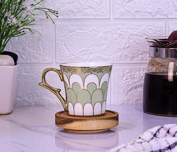 Water Drop Scale Pattern Golden Tea Mugs, Ceramic Tea Cups, Coffee Mugs, 160 ml, Green, 6 Pieces Set