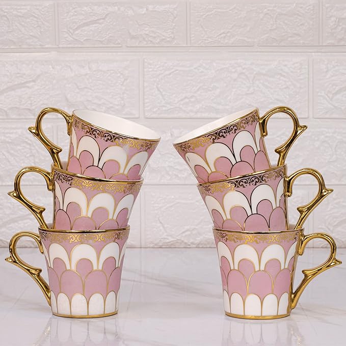 Water Drop Scale Pattern Golden Coffee Mugs, 160 ml, Pink, 6 Pieces Set, Not Microwave Safe