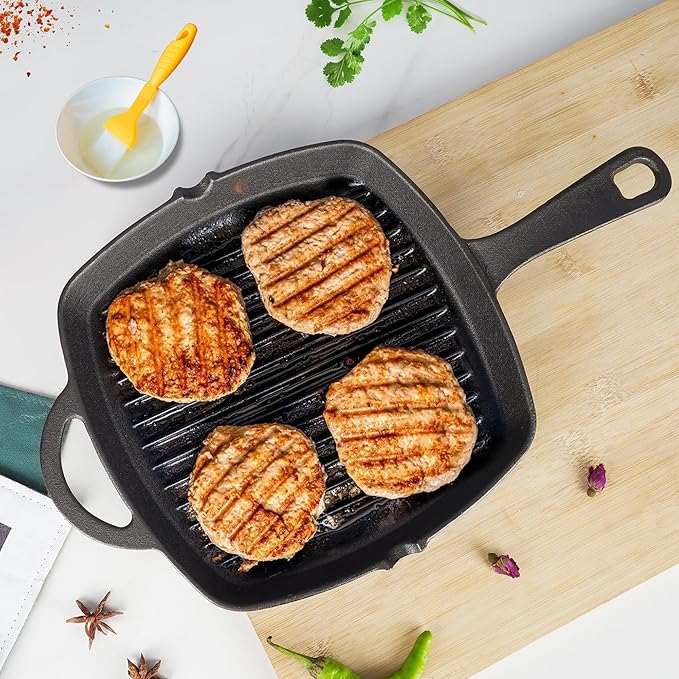 Premium Pre-seasoned Cast Iron Grill Pan With Long Handle, 24 cm, Induction Friendly