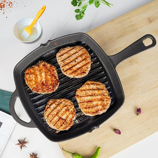 Premium Pre-seasoned Cast Iron Grill Pan With Long Handle, 24 cm, Induction Friendly