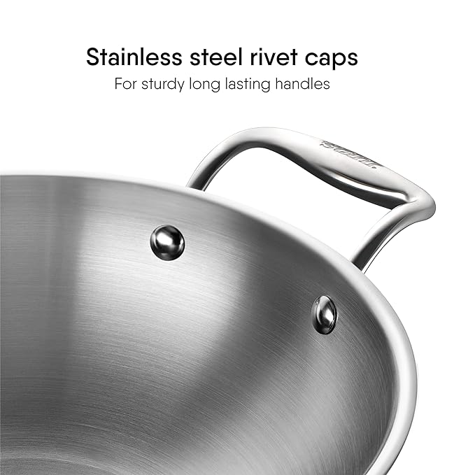 Triply Stainless Steel Kadhai With Lid, Kadai for Cooking, Induction & Gas Stove Compatible, 0.8 L, 16 cm