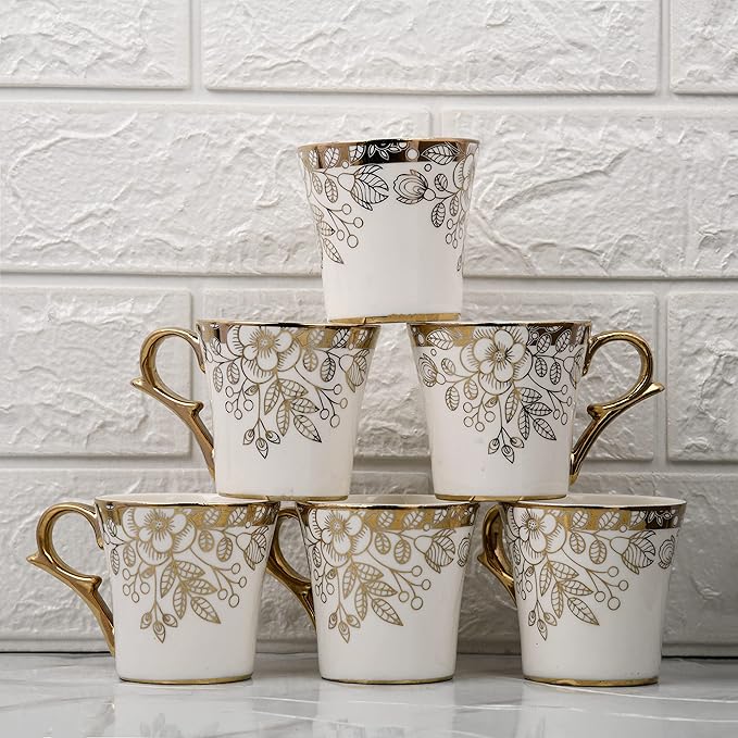 Premium Gold Floral Buds Leaves Ceramic Coffee & Tea Cup Set of 6