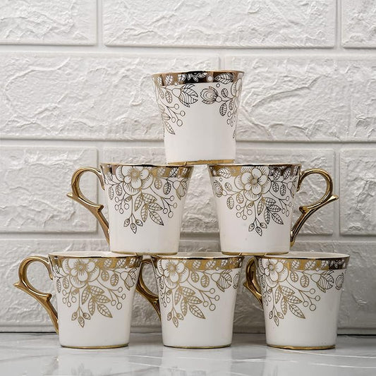 Premium Gold Floral Buds Leaves Ceramic Coffee & Tea Cup Set of 6