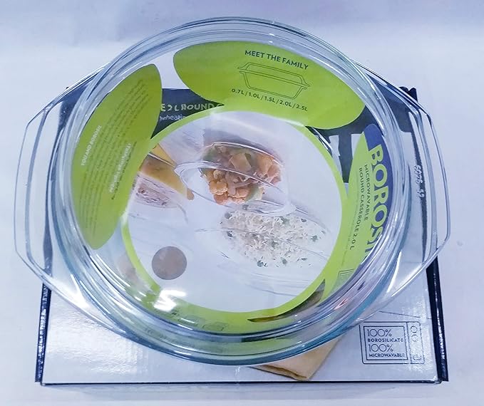 Solid Glass Casserole Oven and Microwave Safe Serving Bowl with Lid, Transparent, 2 L