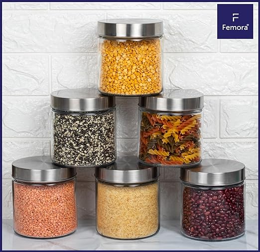 Kitchen Storage Jars Borosilicate Glass With Steel Lid Air Tight Kitchen Jar and Container, 1100 ml - Pack of 2