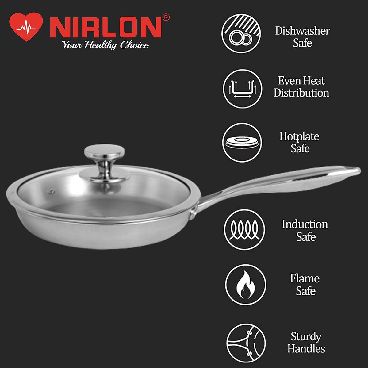 Triply Stainless Steel Fry Pan With Glass Lid- 20 cm