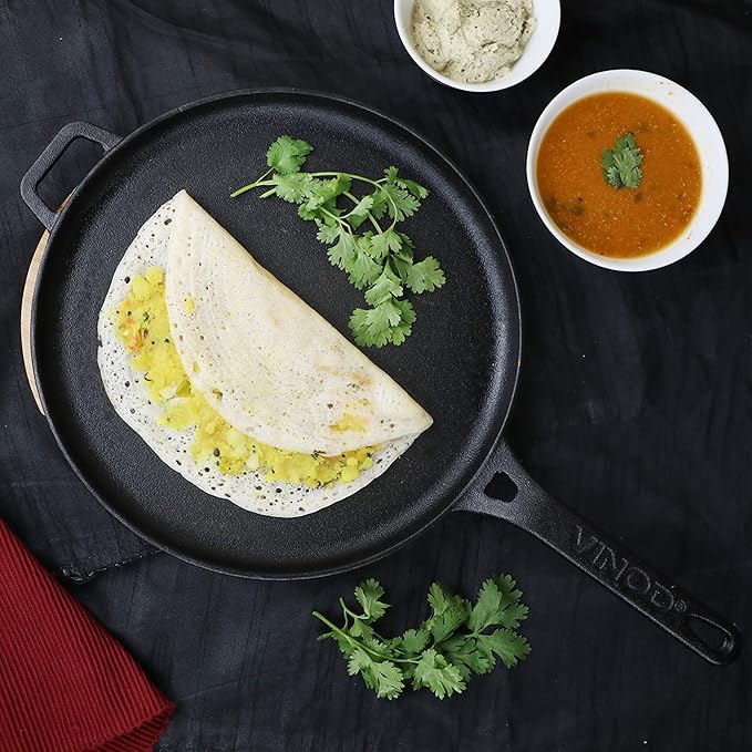 Pre Seasoned Cast Iron Flat Roti Tawa with Handle - 28 cm