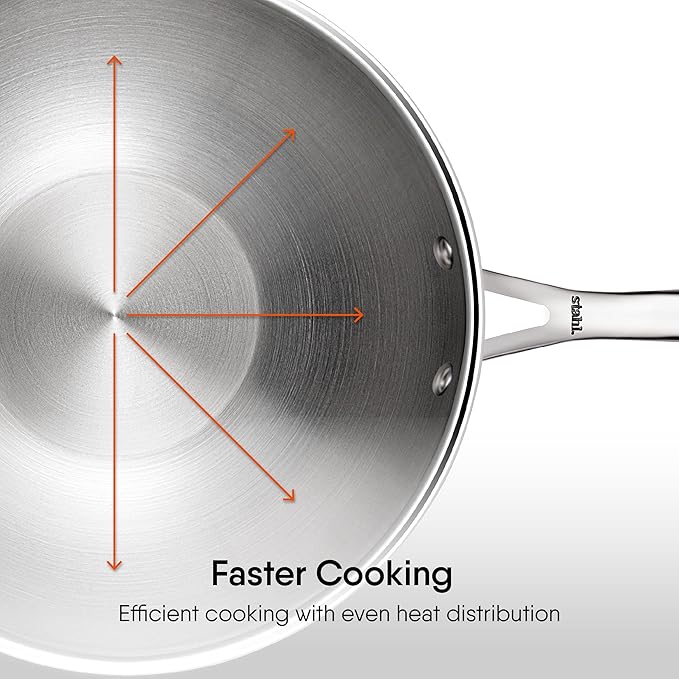 Triply Stainless Steel Wok With Lid, Tri Ply Deep Steel Kadai, Deep Fry Pan With Induction Base, Dia 22 cm