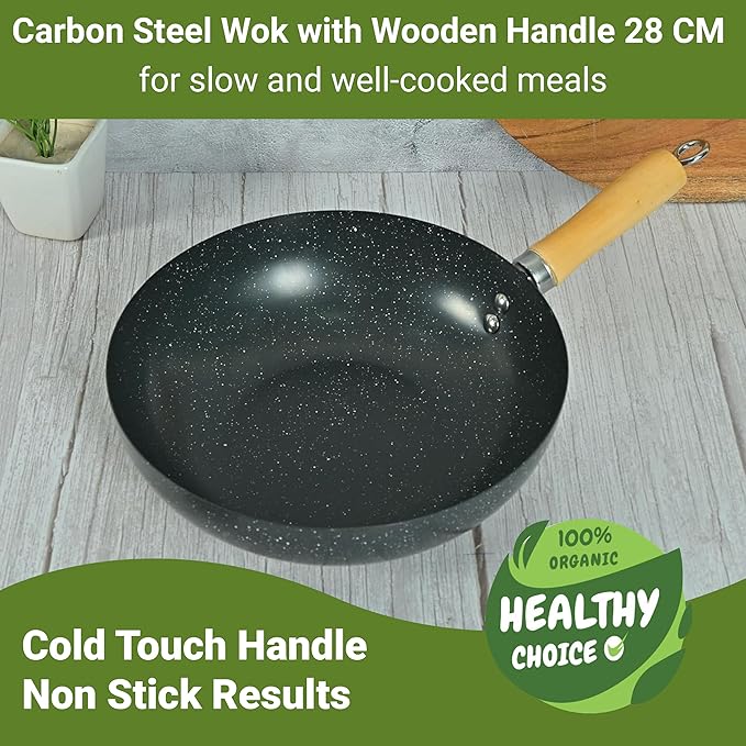 Carbon Steel Wok 28 cm With Wooden Handle, 3 Layer Non-stick Coating Wok, Black
