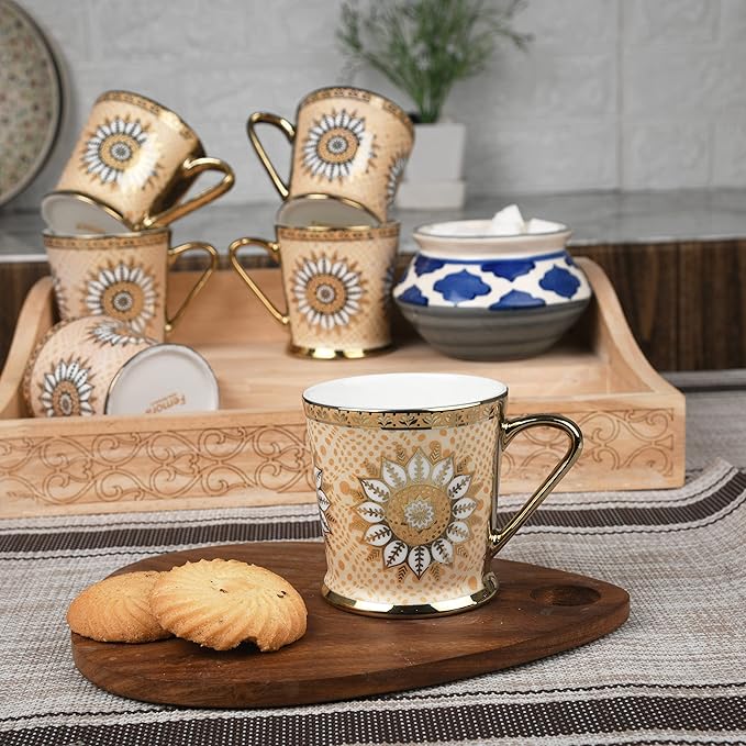 Lotus Pattern With Golden Handle Golden Coffee Mugs, 180 ml, Golden, 6 Pieces Set, Not Microwave Safe