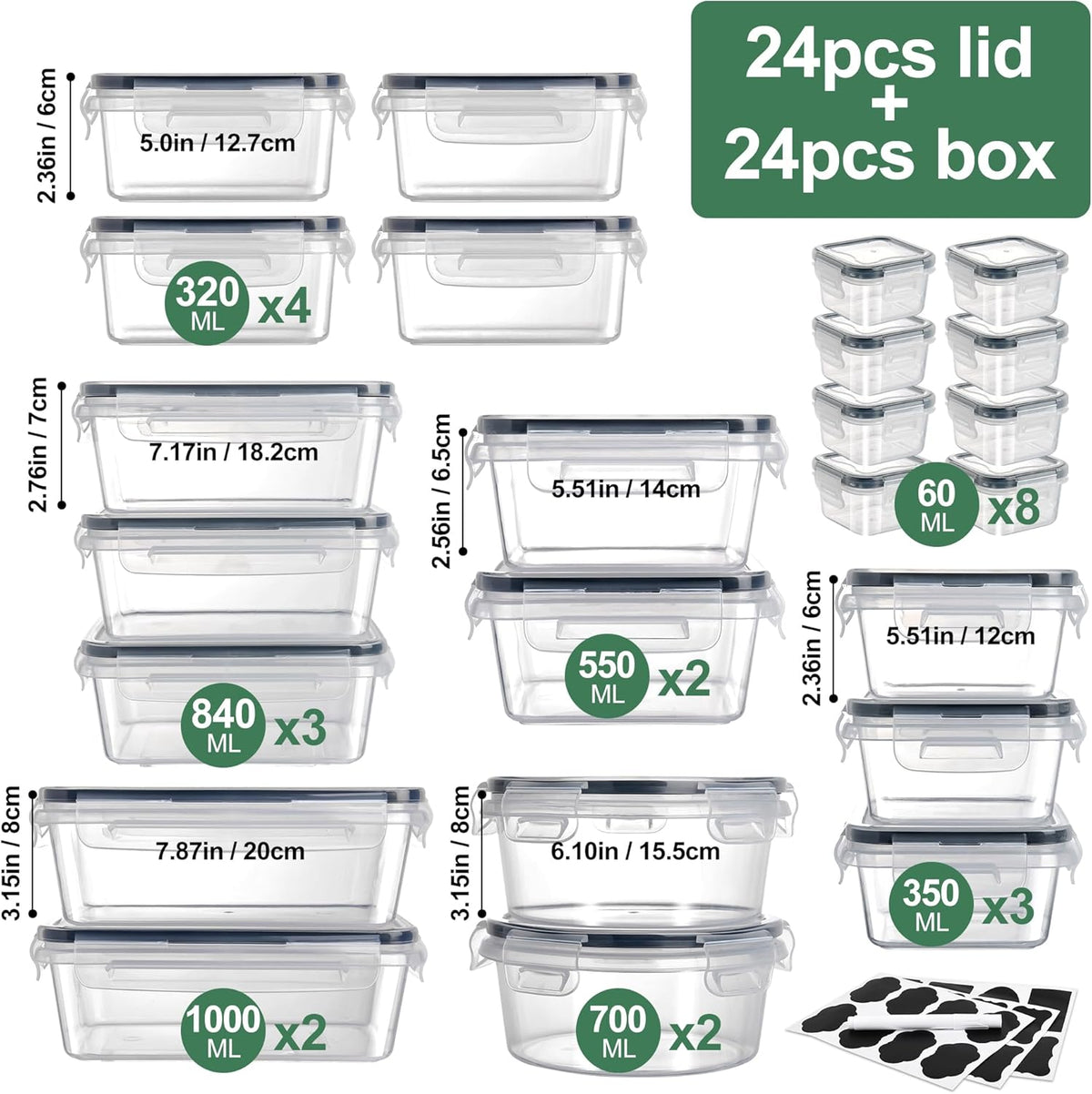 24 Piece Food Storage Containers, Meal Prep Containers with Leakproof Lid, Airtight Lunch Box, Microwave, Oven, Freezer & Dishwasher Storage Box Multiple Size, Transparent