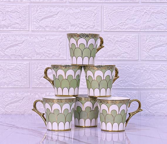 Water Drop Scale Pattern Golden Tea Mugs, Ceramic Tea Cups, Coffee Mugs, 160 ml, Green, 6 Pieces Set