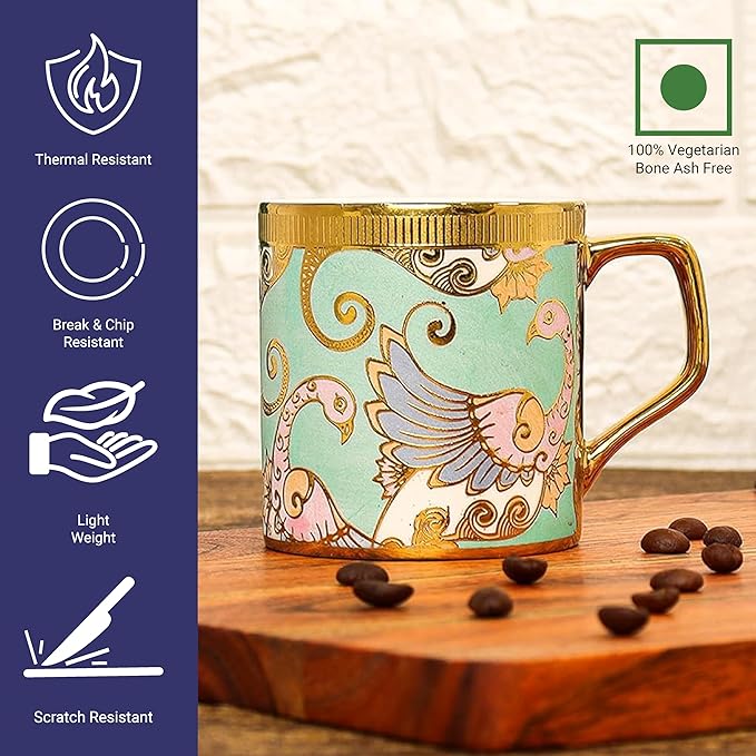 Bone China Gold Tea Cup, Dancing Peahens, 180 ml