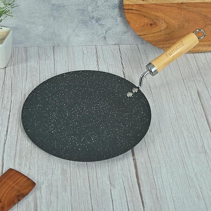Carbon Steel Tawa With Wooden Handle, 3 Layer Non-stick Coating Tawa, Black, Diameter, 28 cm