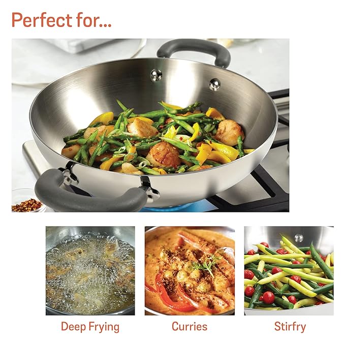 Trivantage Nickel Free Stainless Steel Triply Kadai with Steel Lid 26 cm Silver