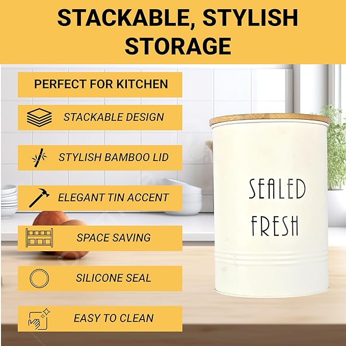 Kitchen Storage Jars Tin Jar With Wooden Lid Air Tight Jar, 900 ml, Set of 2