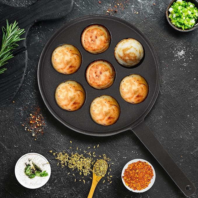 Premium Cast Iron Paniyaram Pan 7 Cavities, 20 cm Appam Patra With Handle, Cast Iron Cookware