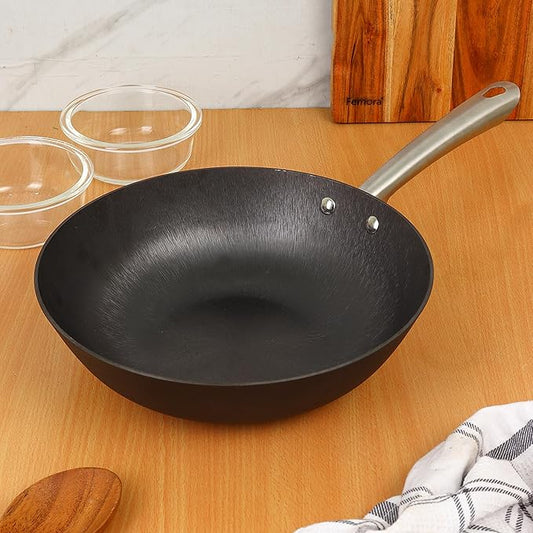 Preseasoned Cast Iron Fry Pan/ Skillet/ Wok of 28 cm Diameter With Tough Handle Non Toxic and Coating Free