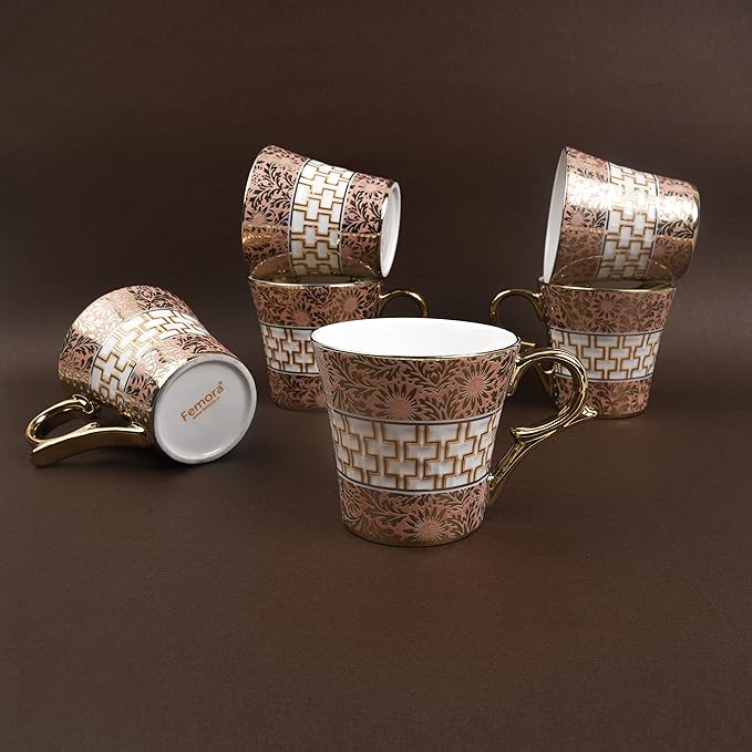 Golden Daisy Finish Ceramic Tea Cups, Coffee Mugs, 160 ml, Golden, 6 Pcs Set, Not Microwave Safe