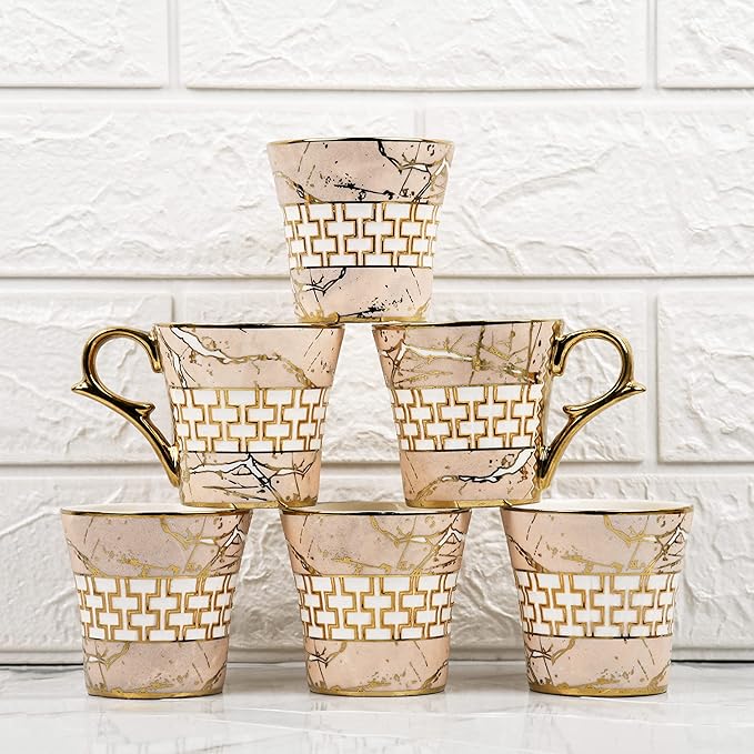 Indian Ceramic Pink Gold Line Tea Cup, 6 Pieces, 155 ml, Not Microwave Safe