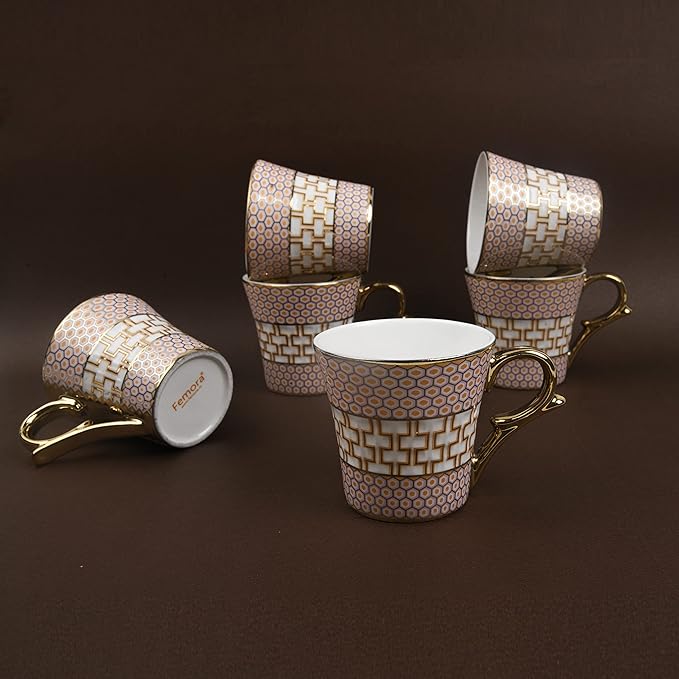 Honey Comb on Golden Mugs, Ceramic Tea Cups, Coffee Mugs, 160 ml, Golden, 6 Pieces Set