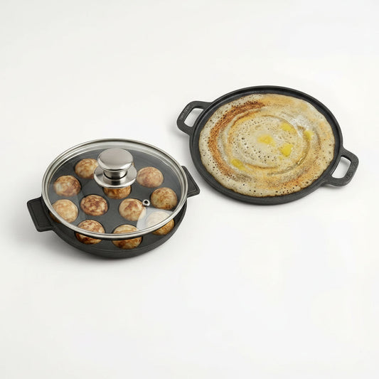 Cast Iron Cookware Set - 30 cm Dosa Tawa + 12-Pit Paniyaram Pan with Glass Lid Pre-Seasoned Gas Induction