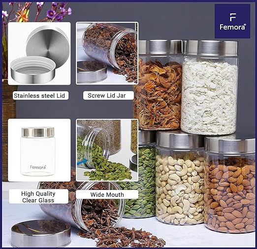 Kitchen Storage Jars Borosilicate Glass With Steel Lid Air Tight Kitchen Jar and Container, 1100 ml - Pack of 2