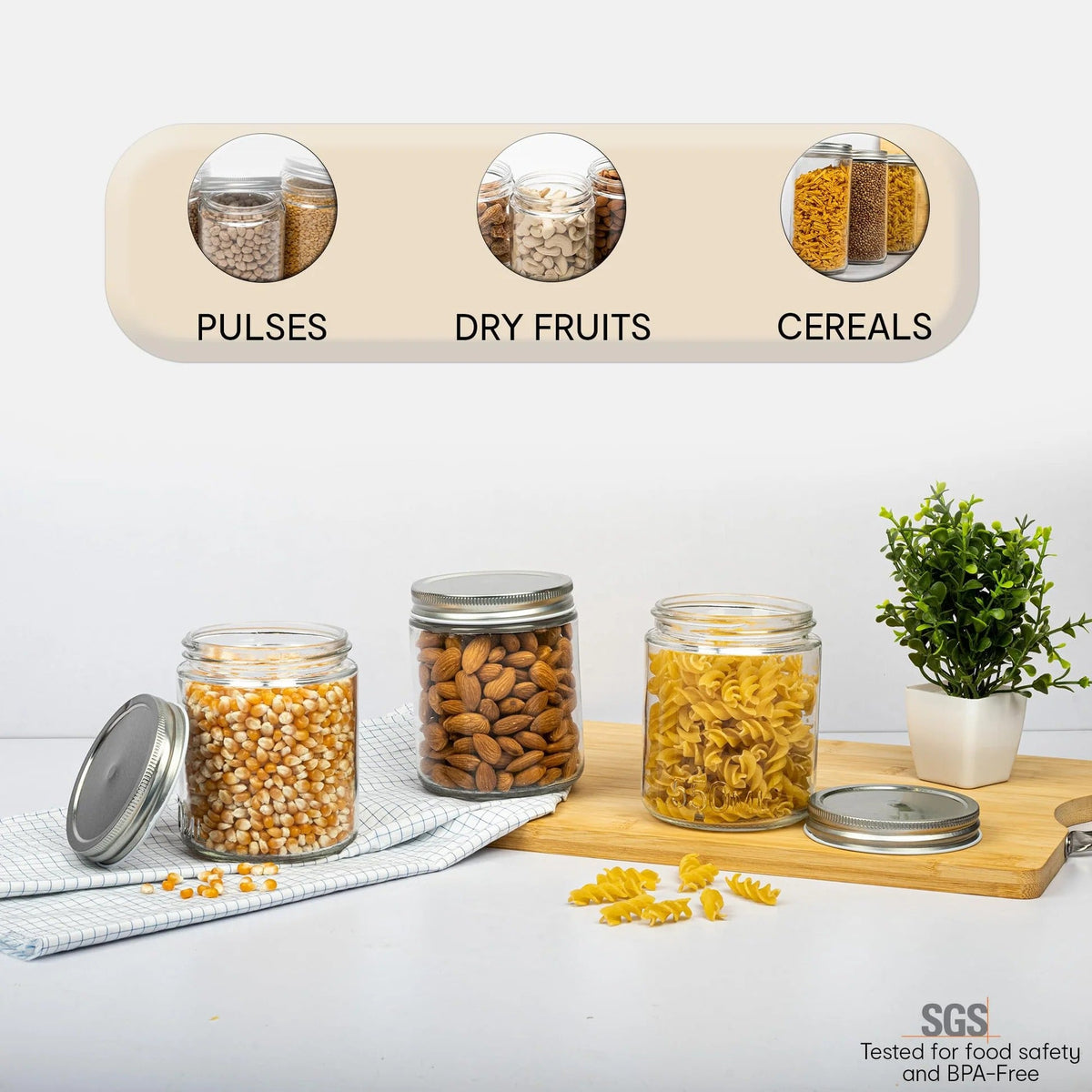 Set of 3 Clear Glass Jars 550 ml, Airtight, Tin Lid, Kitchen Storage