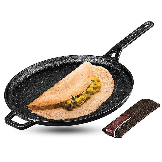 Pre Seasoned Cast Iron Flat Roti Tawa with Handle - 28 cm
