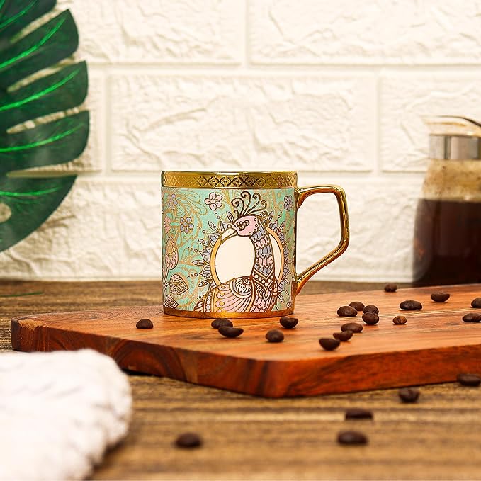 Bone China Gloden Tea Cup, Crowned Peacock, 160 ml, 6 Pieces, Brown