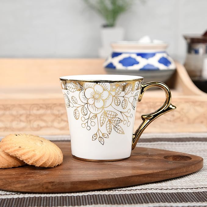 Premium Gold Floral Buds Leaves Ceramic Coffee & Tea Cup Set of 6, 160 ml