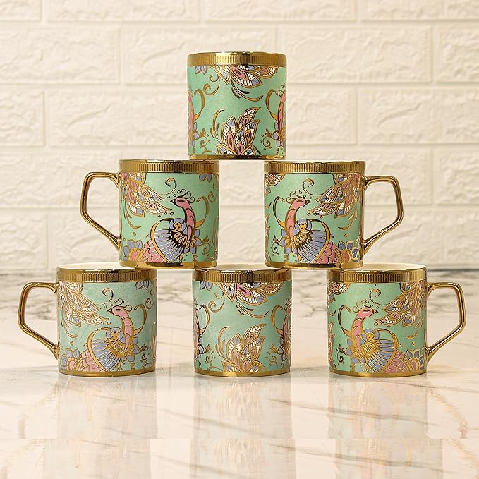 Bone China Gloden Tea Cup, Wandering Peacock, 180 ml