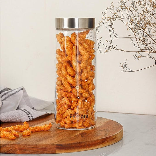 Kitchen Storage Jars Borosilicate Glass With Steel Lid Air Tight Jar, 750 ml, Pack of 4