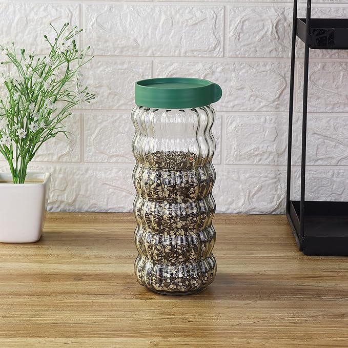 Kitchen Storage Jars Clear Glass With Plastic Stackable Lid Jar, 1000 ml, Set of 4