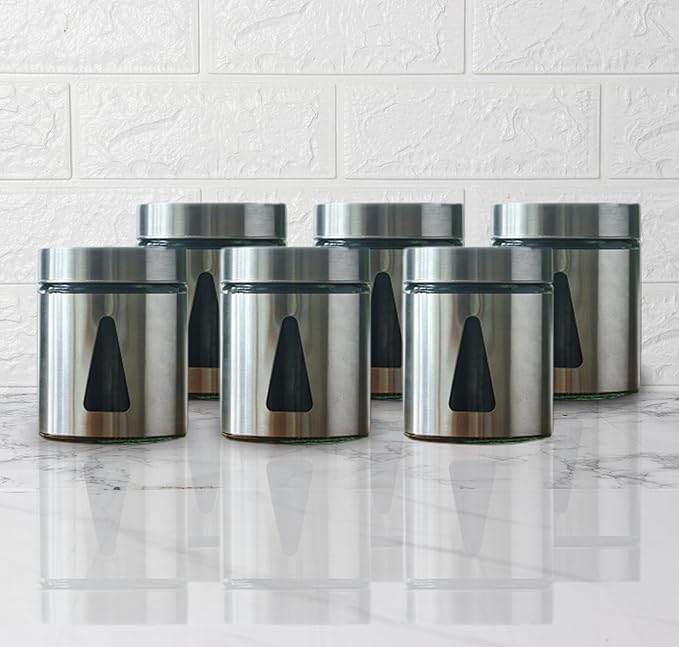 Kitchen Storage Jars Steel Finish With See Through Window Jar, 700 ml, Pack of 6, Silver